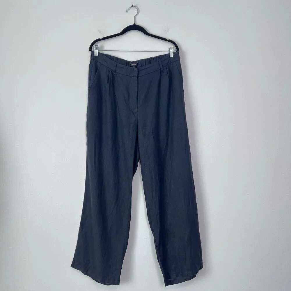 Quince 100% European Linen Pleated Trousers Black Size 14 Wide Leg High Rise